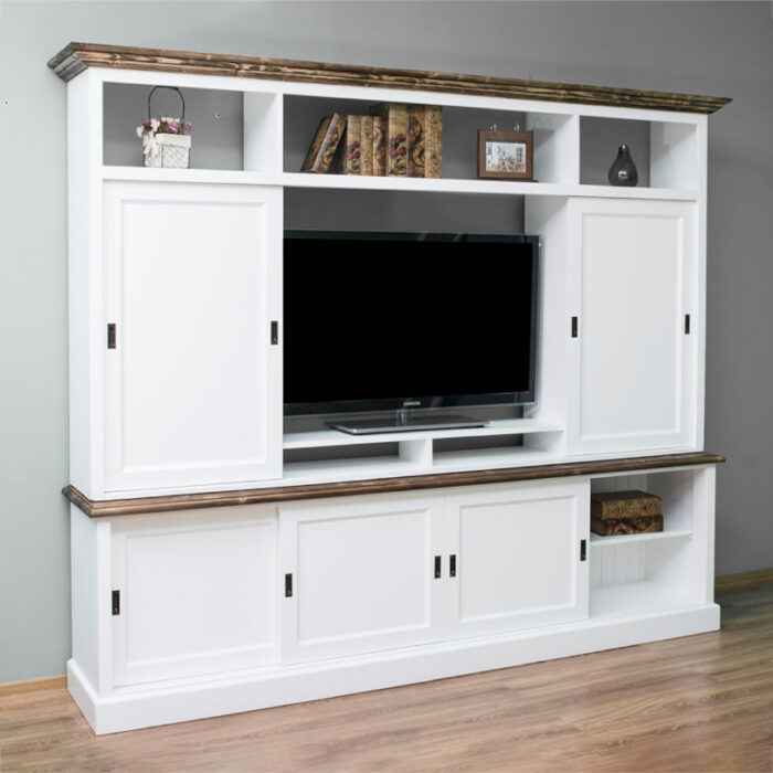 Joshua Grand Media Unit with Oak Top and Oak Crown Decorated Left Angle